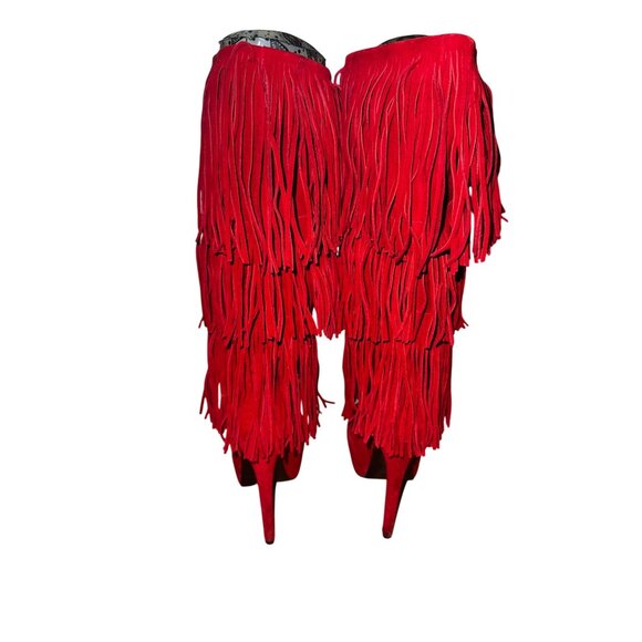 Red Suede Fringe High Heel Boots 10M Platform Stiletto Knee High Western Boho - Picture 4 of 8